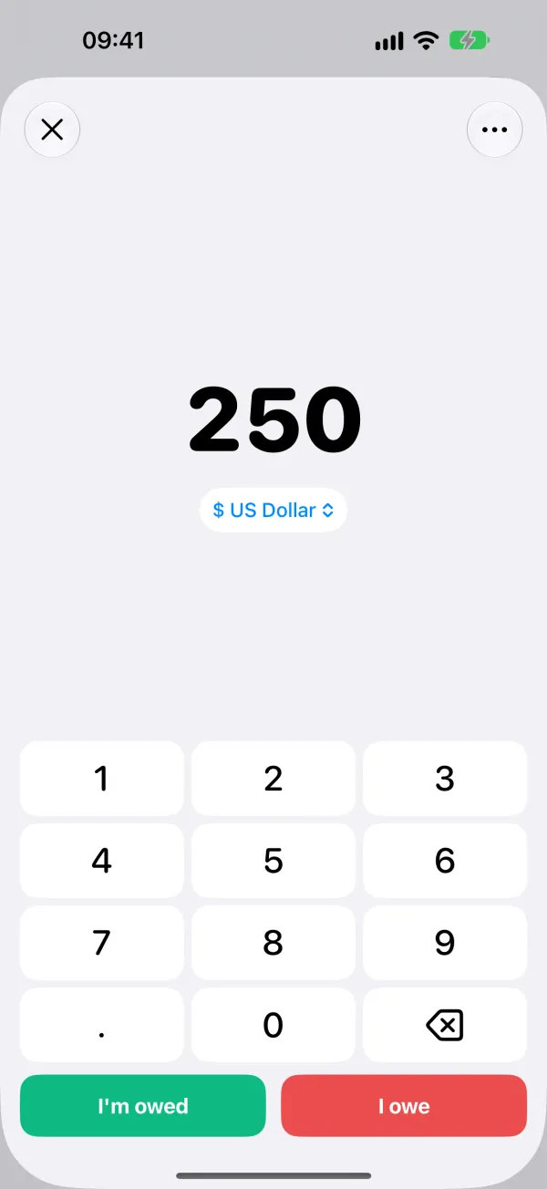 New record: type the amount on the keypad, then choose I'm owed or I owe.