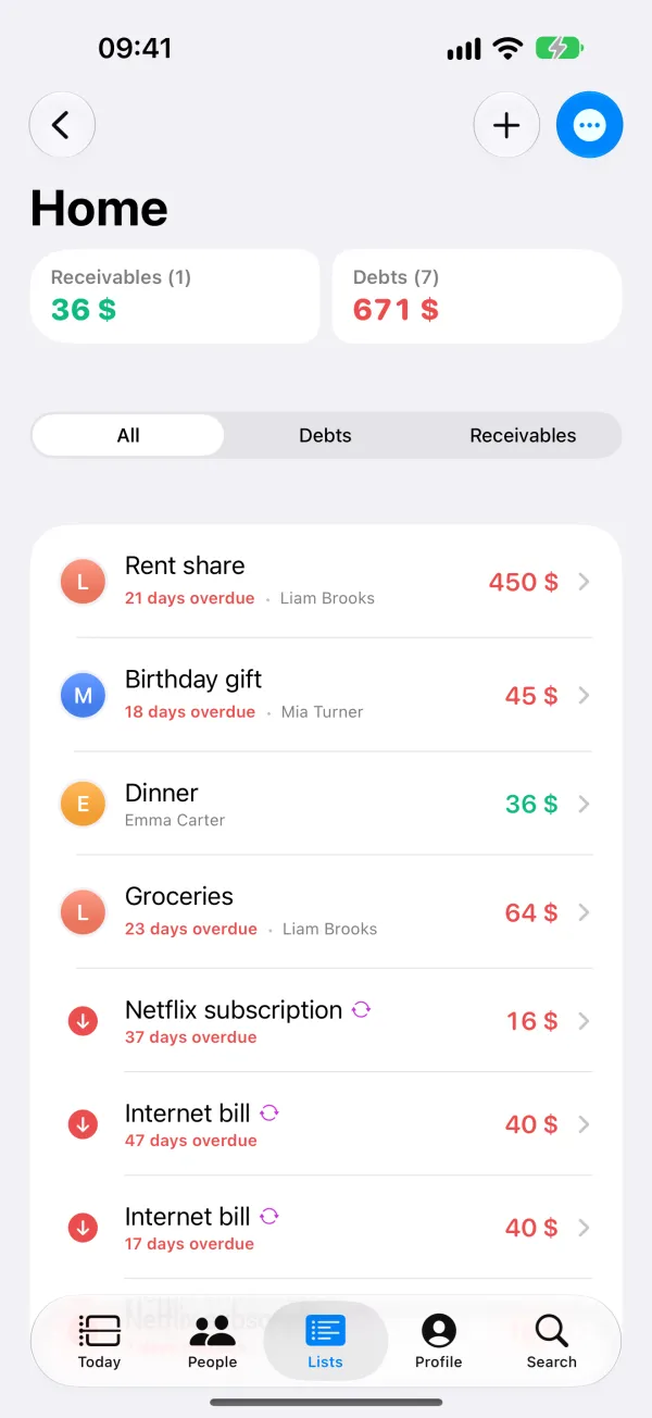 List detail (Home): records with people, due dates and amounts.