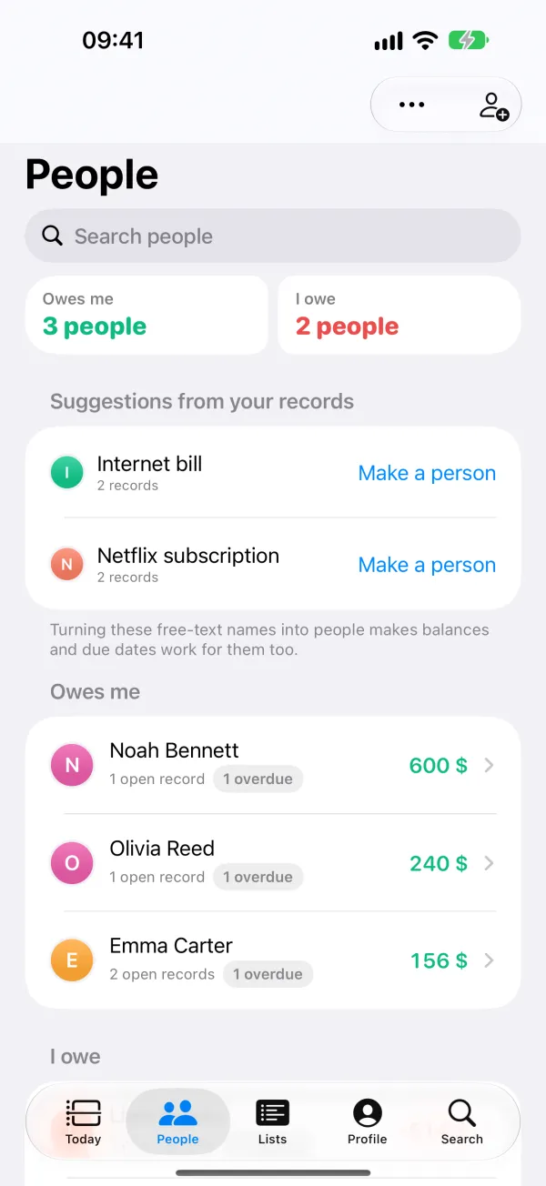 People: Noah Bennett, Olivia Reed and Emma Carter owe you, with overdue badges.