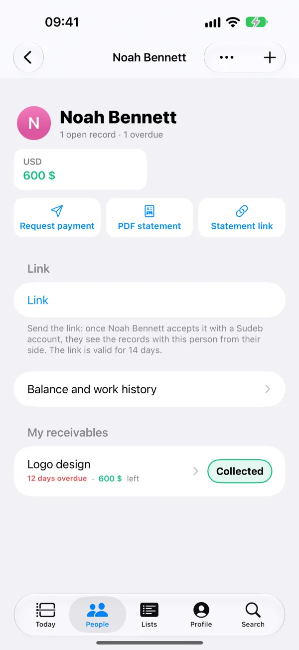 Person detail (Noah Bennett): balance, statement actions and the open receivable.