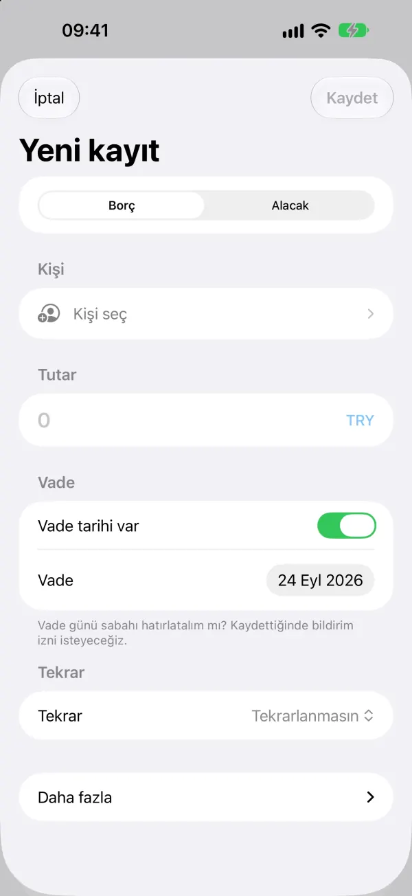 Yeni kayıt: kişi, tutar (varsayılan USD) ve vade.