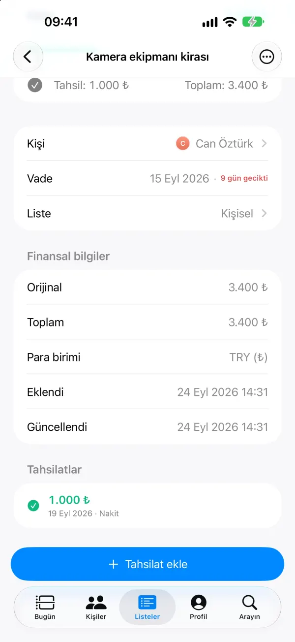 Kayıt detayı (Camera gear rental): gecikmiş, 150 $ kısmi tahsilat.