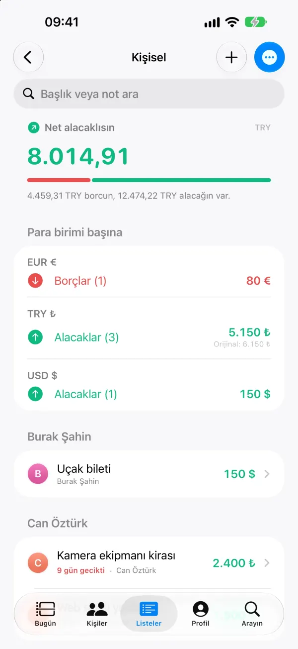 Liste detayı (Personal): EUR, GBP ve USD özeti.