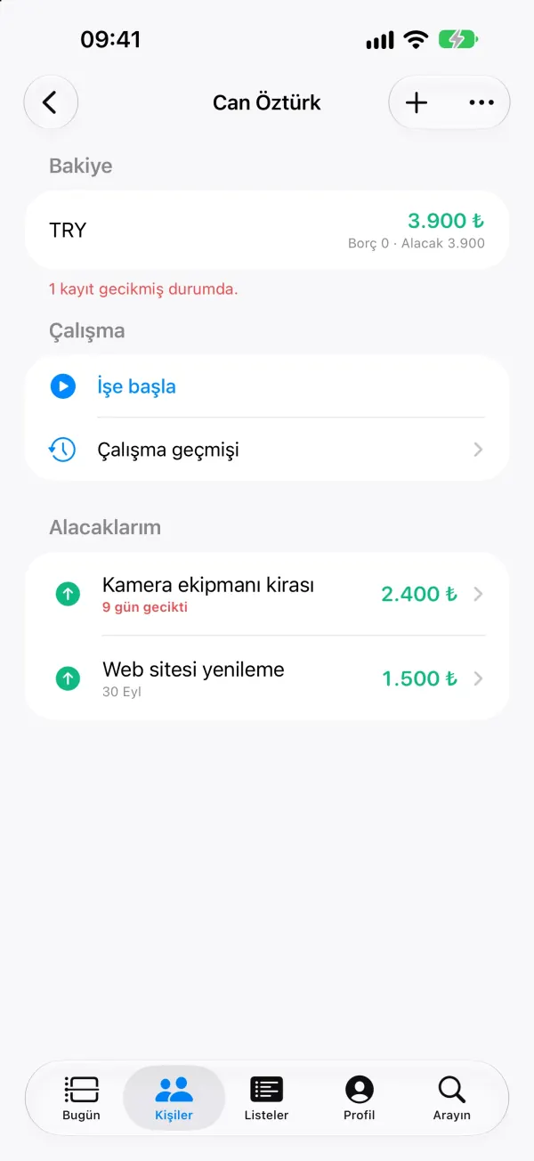 Kişi detayı (James Miller): bakiye, gecikme uyarısı, eylül çalışmasının alacağı.